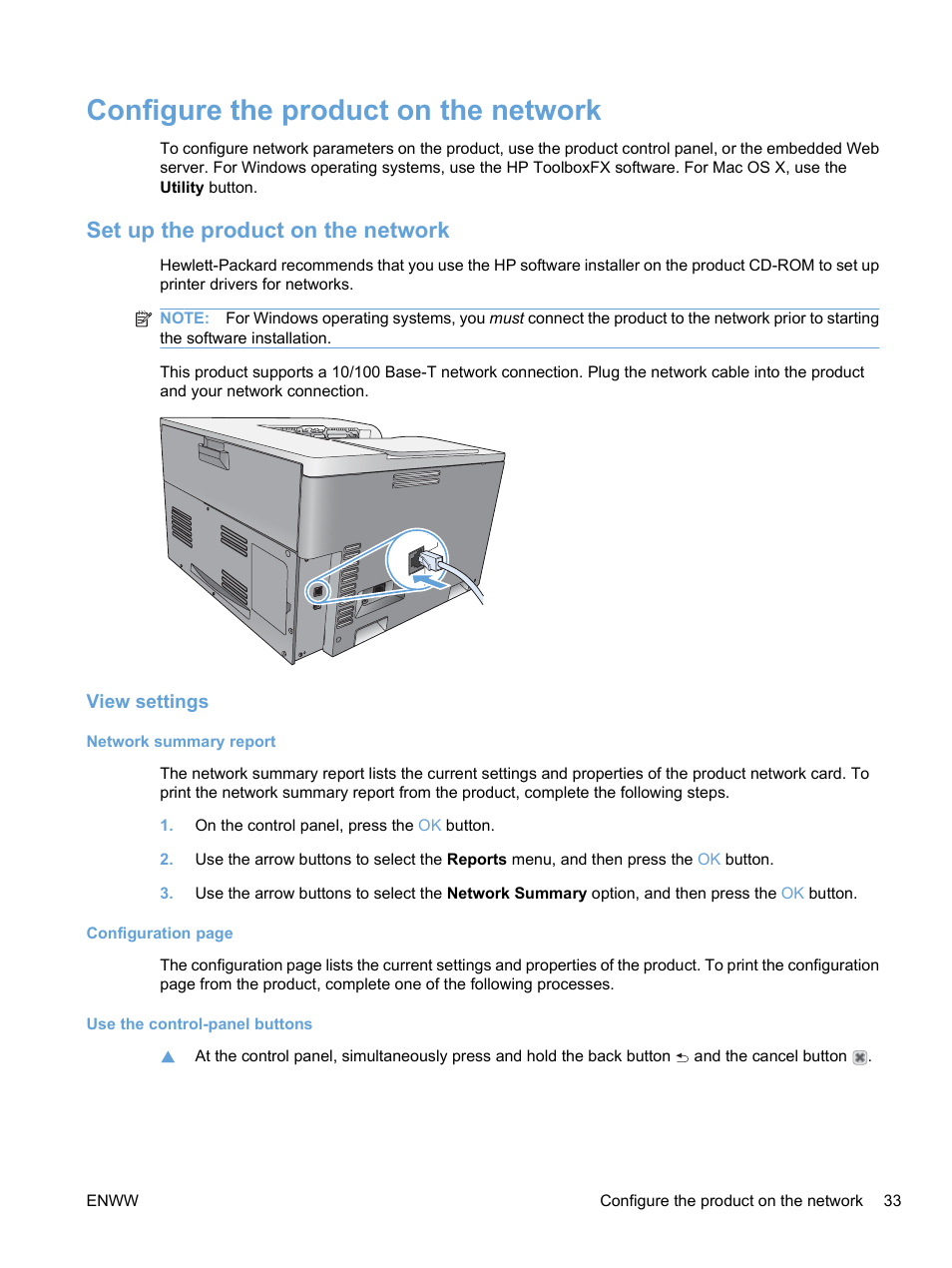 Configure the product on the network, Set up the product on the network, View settings | Network summary report | HP Color LaserJet Professional CP5225 Printer series User Manual | Page 45 / 168