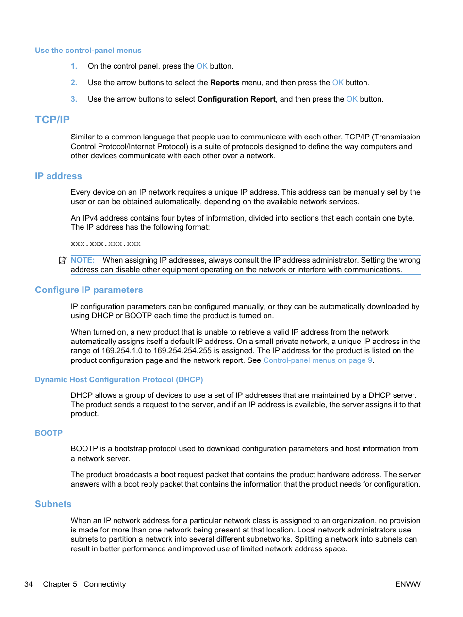 Tcp/ip, Ip address, Configure ip parameters | Dynamic host configuration protocol (dhcp), Bootp, Subnets, Ip address configure ip parameters, Dynamic host configuration protocol (dhcp) bootp | HP Color LaserJet Professional CP5225 Printer series User Manual | Page 46 / 168