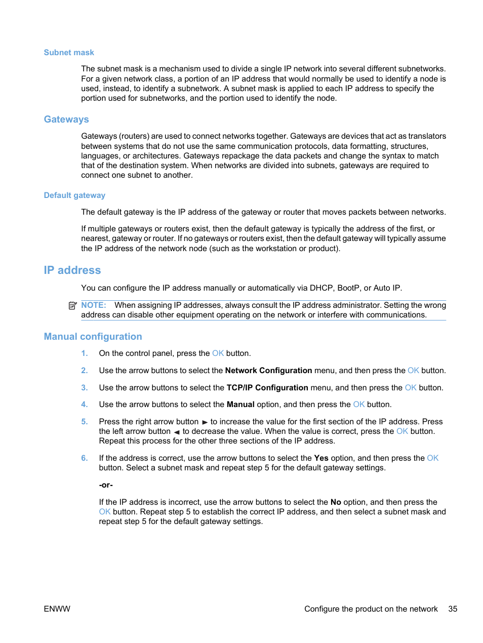 Subnet mask, Gateways, Default gateway | Ip address, Manual configuration | HP Color LaserJet Professional CP5225 Printer series User Manual | Page 47 / 168