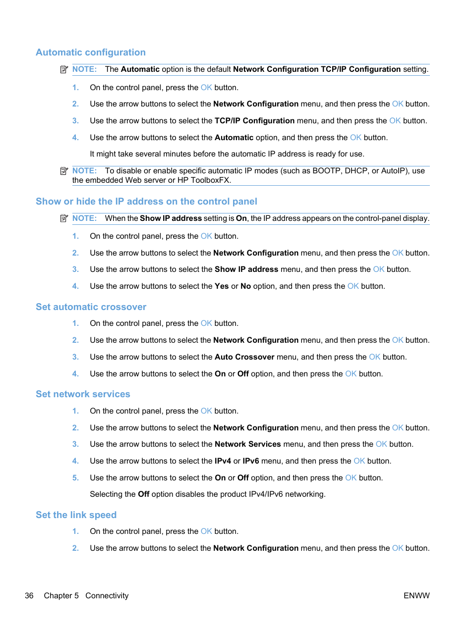 Automatic configuration, Show or hide the ip address on the control panel, Set automatic crossover | Set network services, Set the link speed, Set network services set the link speed | HP Color LaserJet Professional CP5225 Printer series User Manual | Page 48 / 168