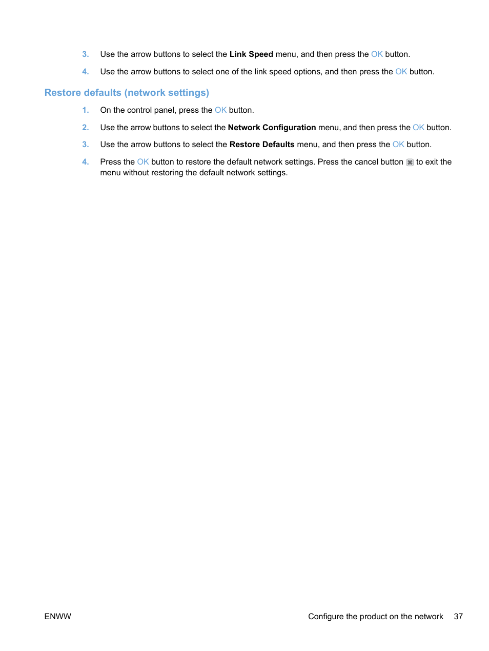 Restore defaults (network settings) | HP Color LaserJet Professional CP5225 Printer series User Manual | Page 49 / 168
