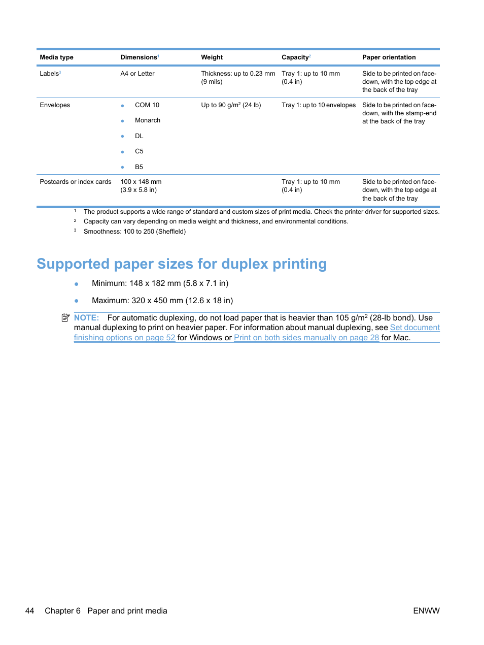 Supported paper sizes for duplex printing | HP Color LaserJet Professional CP5225 Printer series User Manual | Page 56 / 168