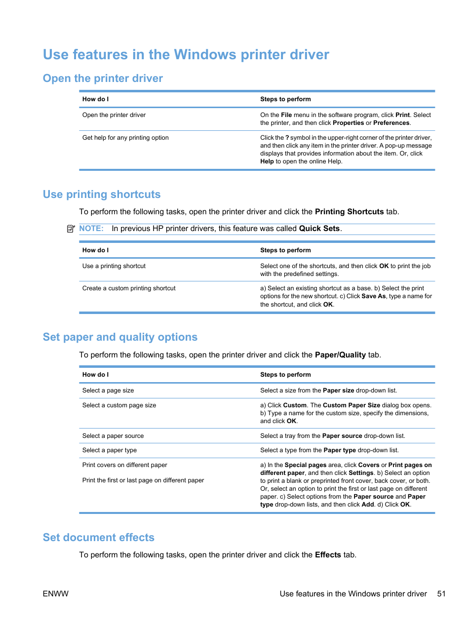 Use features in the windows printer driver, Open the printer driver, Use printing shortcuts | Set paper and quality options, Set document effects | HP Color LaserJet Professional CP5225 Printer series User Manual | Page 63 / 168