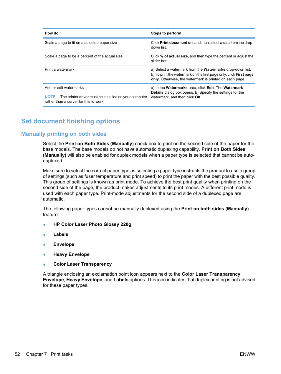 Set document finishing options, Manually printing on both sides, Set document | HP Color LaserJet Professional CP5225 Printer series User Manual | Page 64 / 168