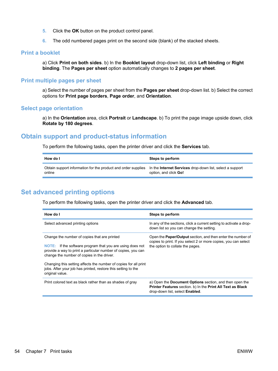 Print a booklet, Obtain support and product-status information, Set advanced printing options | Print multiple pages per sheet, Select page orientation | HP Color LaserJet Professional CP5225 Printer series User Manual | Page 66 / 168