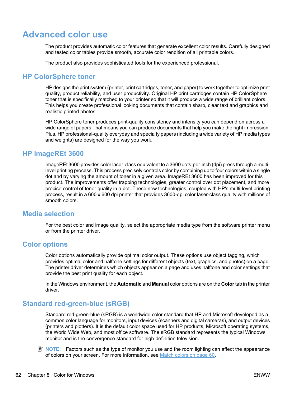 Advanced color use, Hp colorsphere toner, Hp imageret 3600 | Media selection, Color options, Standard red-green-blue (srgb), Hp colorsphere toner hp imageret 3600 | HP Color LaserJet Professional CP5225 Printer series User Manual | Page 74 / 168