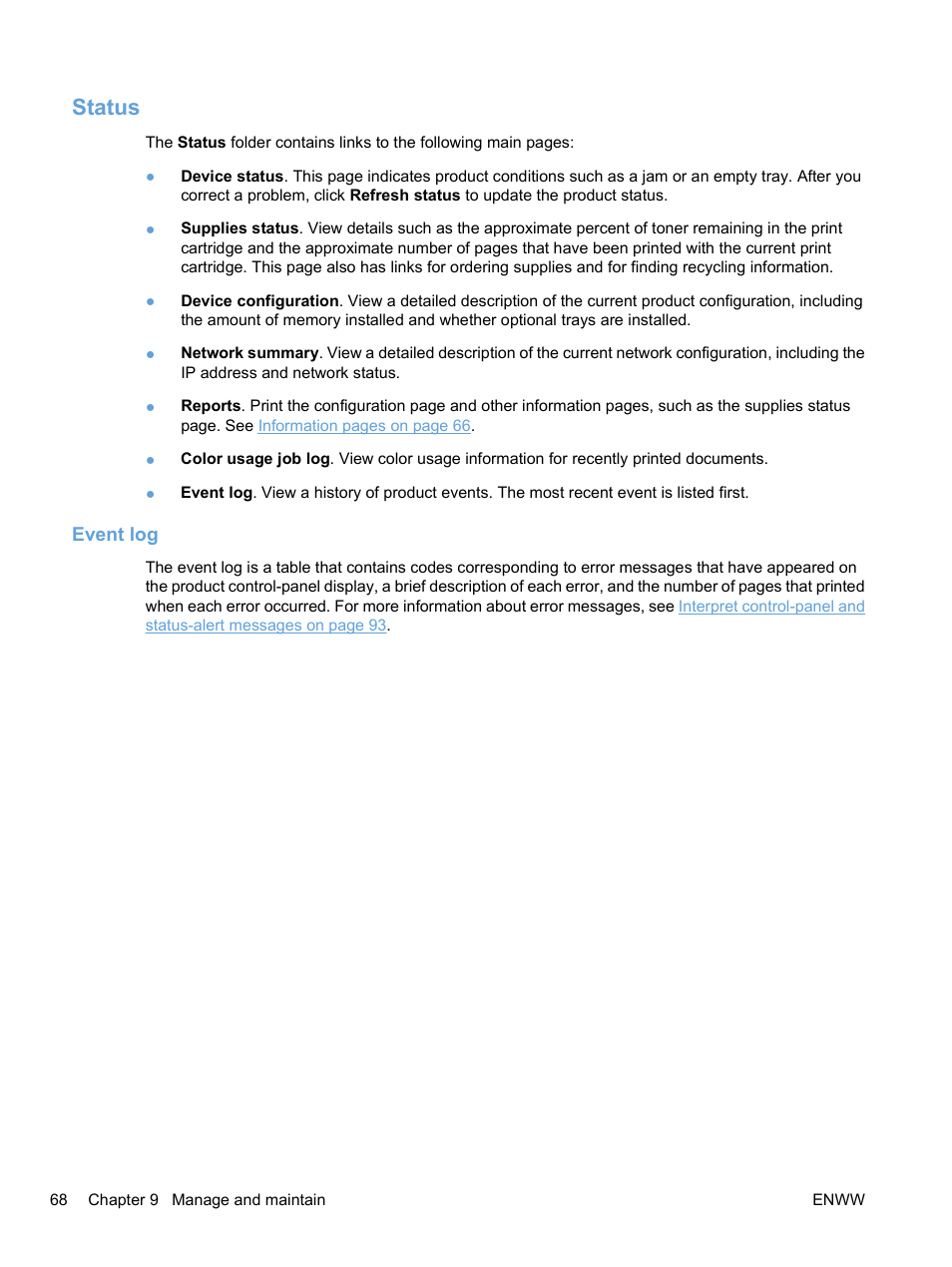 Status, Event log | HP Color LaserJet Professional CP5225 Printer series User Manual | Page 80 / 168