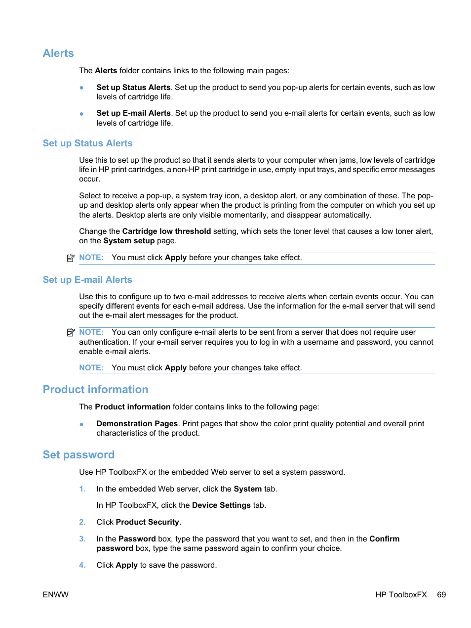 Alerts, Set up status alerts, Set up e-mail alerts | Product information, Set password, Set up status alerts set up e-mail alerts, Product information set password | HP Color LaserJet Professional CP5225 Printer series User Manual | Page 81 / 168