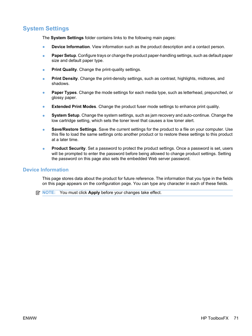 System settings, Device information | HP Color LaserJet Professional CP5225 Printer series User Manual | Page 83 / 168
