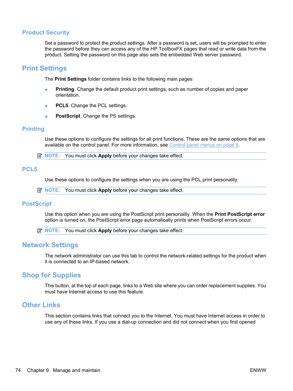 Product security, Print settings, Printing | Pcl5, Postscript, Network settings, Shop for supplies, Other links, Printing pcl5 postscript, Network settings shop for supplies other links | HP Color LaserJet Professional CP5225 Printer series User Manual | Page 86 / 168