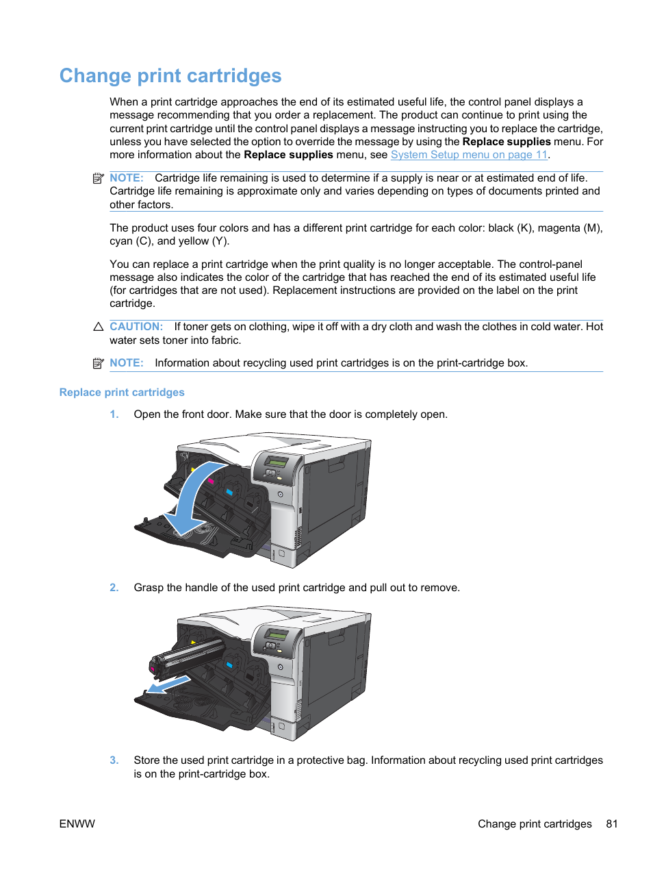 Change print cartridges | HP Color LaserJet Professional CP5225 Printer series User Manual | Page 93 / 168