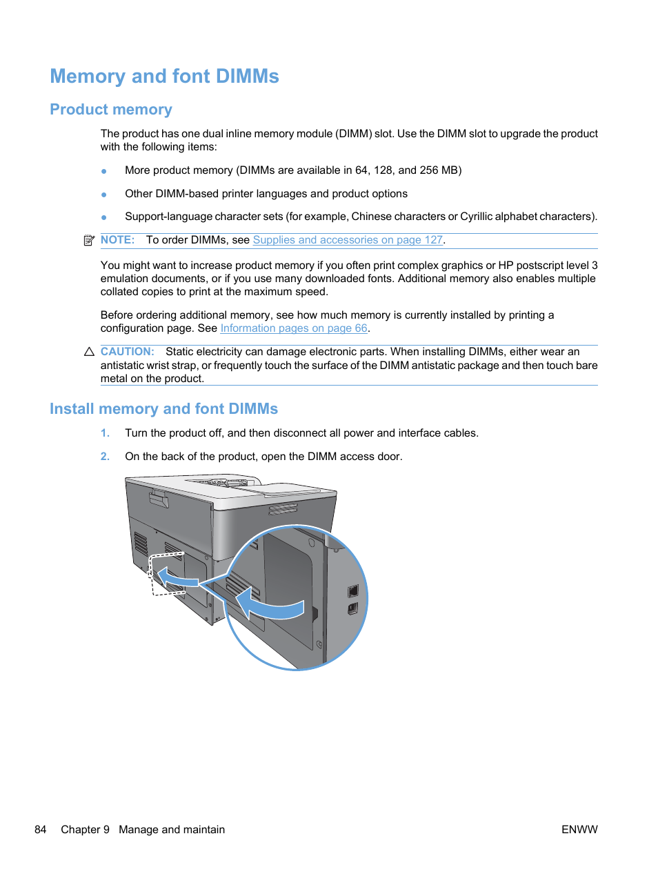 Memory and font dimms, Product memory, Install memory and font dimms | Product memory install memory and font dimms | HP Color LaserJet Professional CP5225 Printer series User Manual | Page 96 / 168