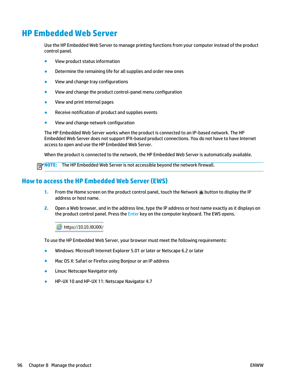 Hp embedded web server, How to access the hp embedded web server (ews) | HP Color LaserJet Enterprise flow M880 Multifunction Printer series User Manual | Page 106 / 202