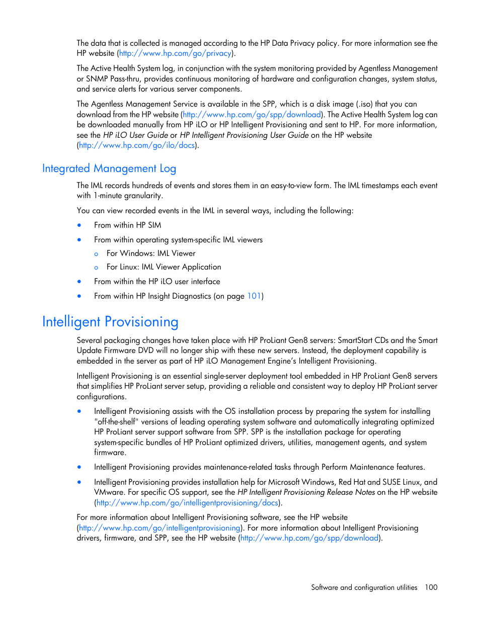 Integrated management log, Intelligent provisioning | HP ProLiant DL380p Gen8 Server User Manual | Page 100 / 134