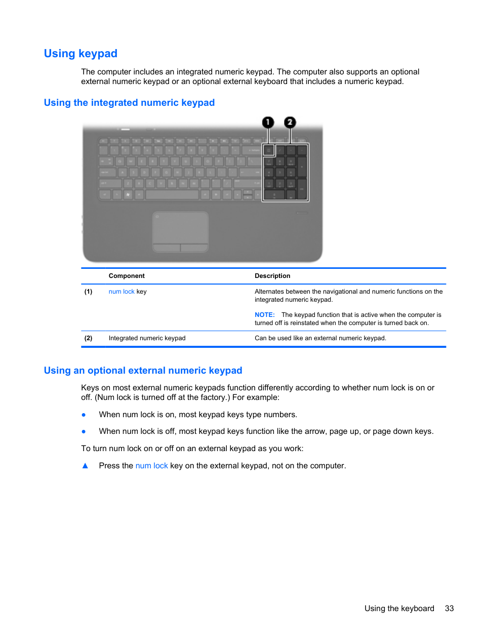 Using keypad, Using the integrated numeric keypad, Using an optional external numeric keypad | HP Pavilion dv7-6c73ca Entertainment Notebook PC User Manual | Page 43 / 117
