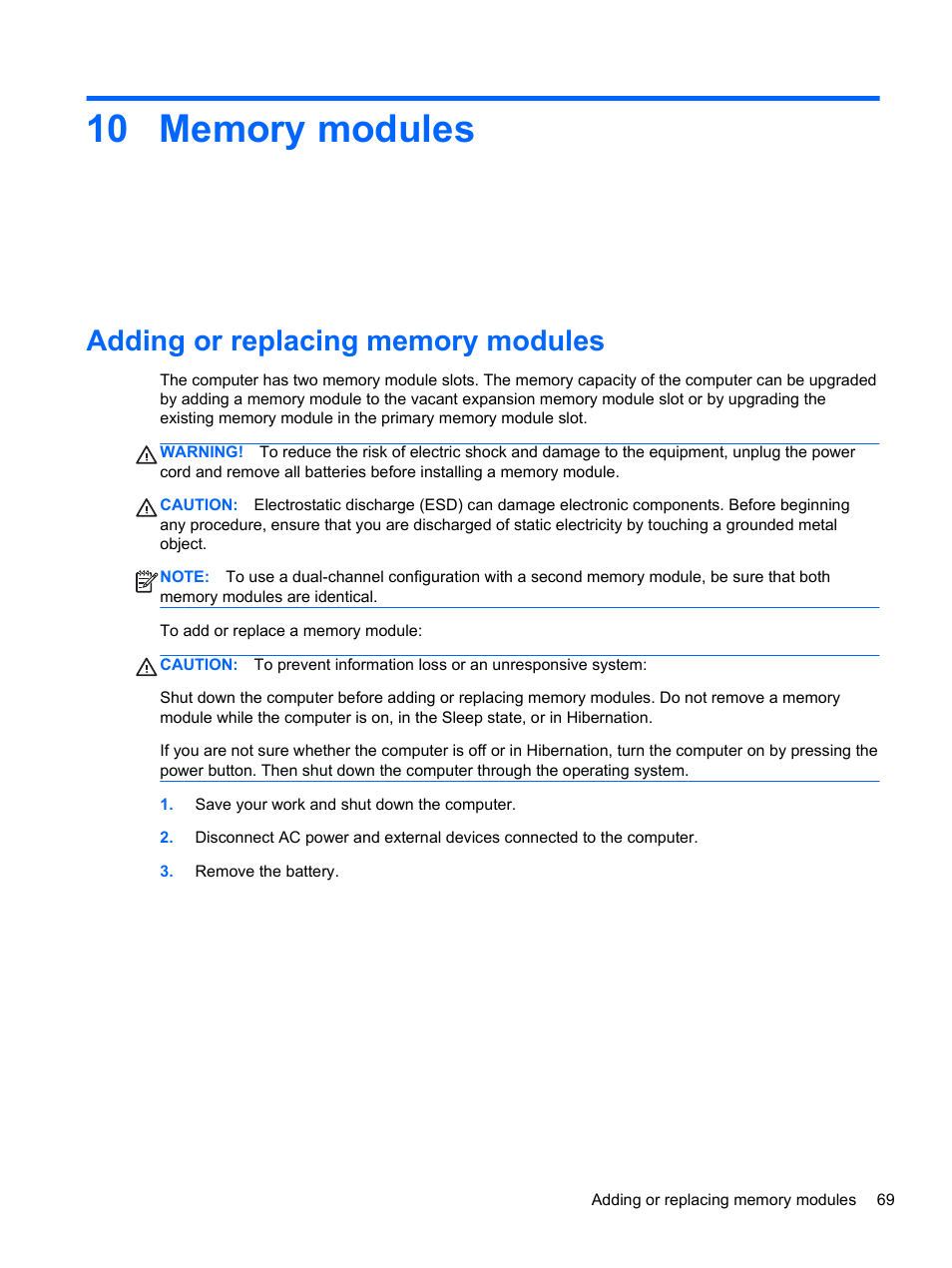 Memory modules, Adding or replacing memory modules, 10 memory modules | HP Pavilion dv7-6c73ca Entertainment Notebook PC User Manual | Page 79 / 117