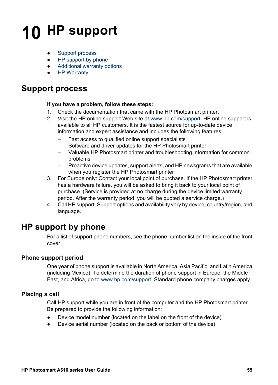 Hp support, Support process, Hp support by phone | Phone support period, Placing a call, 10 hp support, Support process hp support by phone | HP Photosmart A617 Compact Photo Printer User Manual | Page 58 / 70