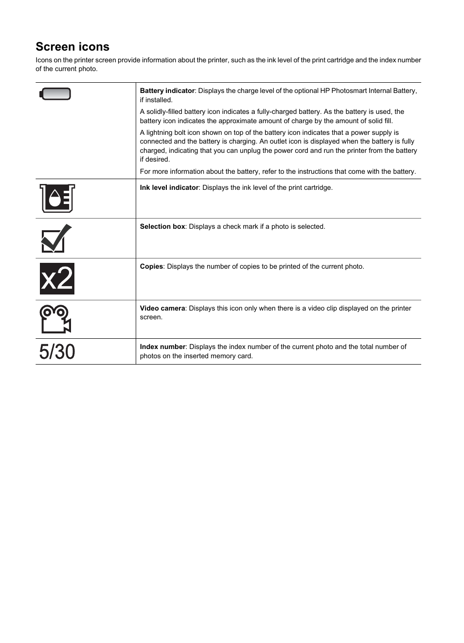 Screen icons | HP Photosmart A617 Compact Photo Printer User Manual | Page 70 / 70