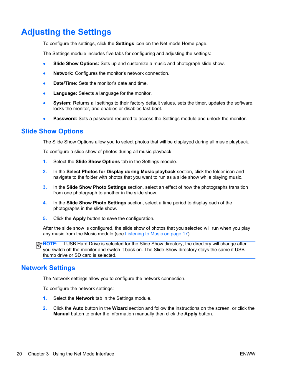 Adjusting the settings, Slide show options, Network settings | Slide show options network settings, Then select the | HP Passport 1912nm 18.5-inch Internet Monitor User Manual | Page 26 / 36