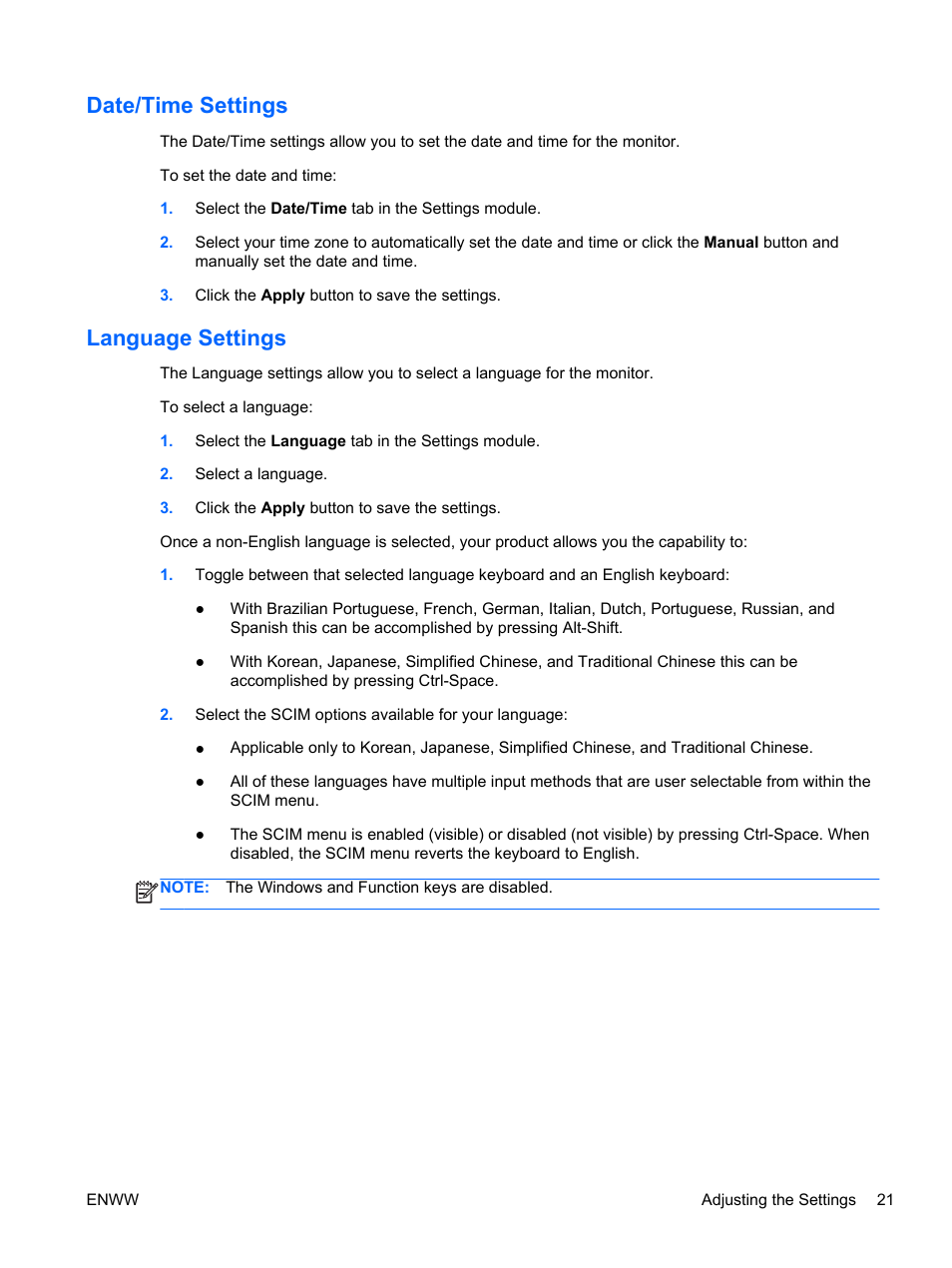 Date/time settings, Language settings, Date/time settings language settings | HP Passport 1912nm 18.5-inch Internet Monitor User Manual | Page 27 / 36