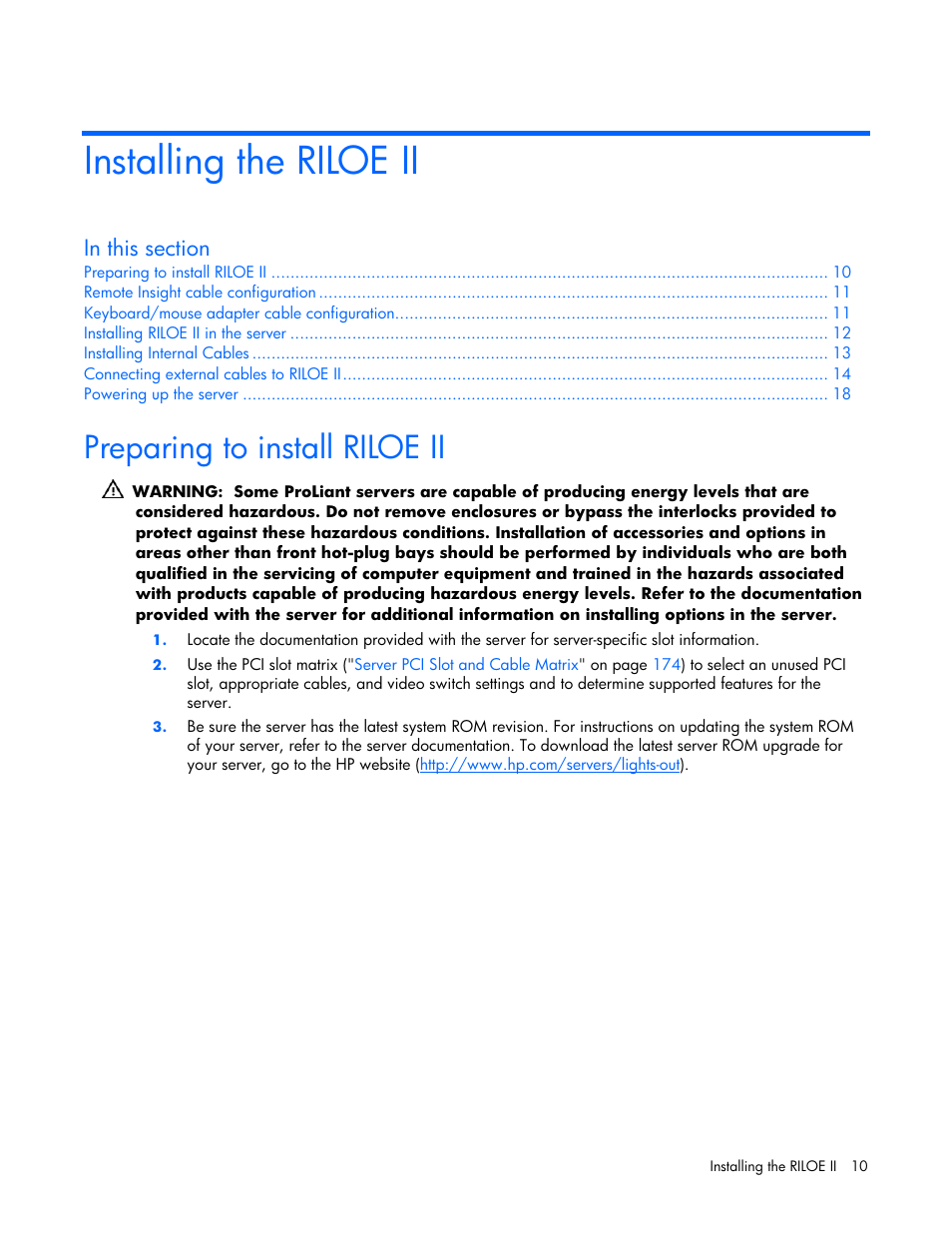 Installing the riloe ii, Preparing to install riloe ii | HP Remote Insight Lights-Out Edition II Board User Manual | Page 10 / 205