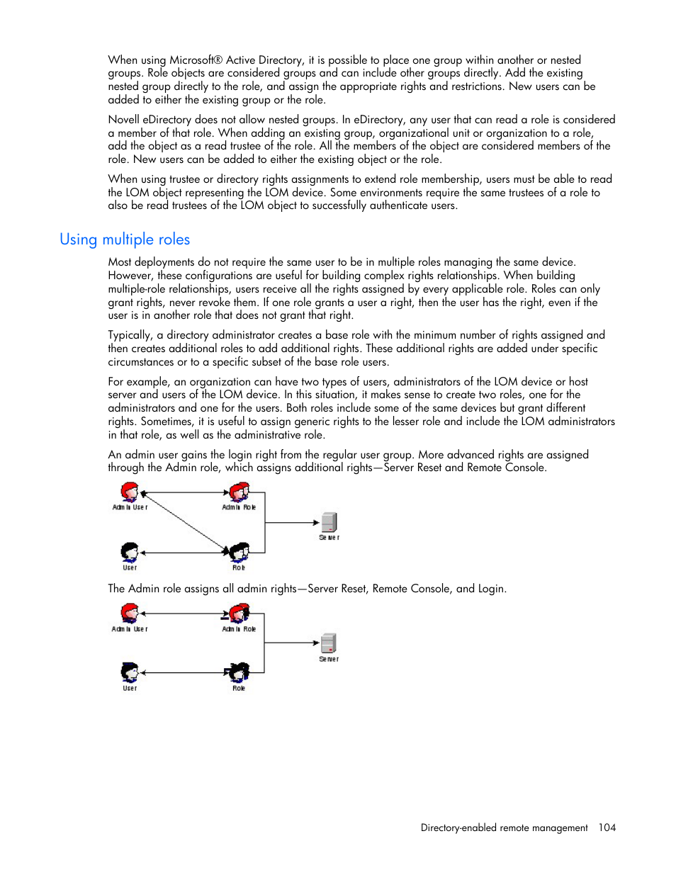 Using multiple roles | HP Remote Insight Lights-Out Edition II Board User Manual | Page 104 / 205