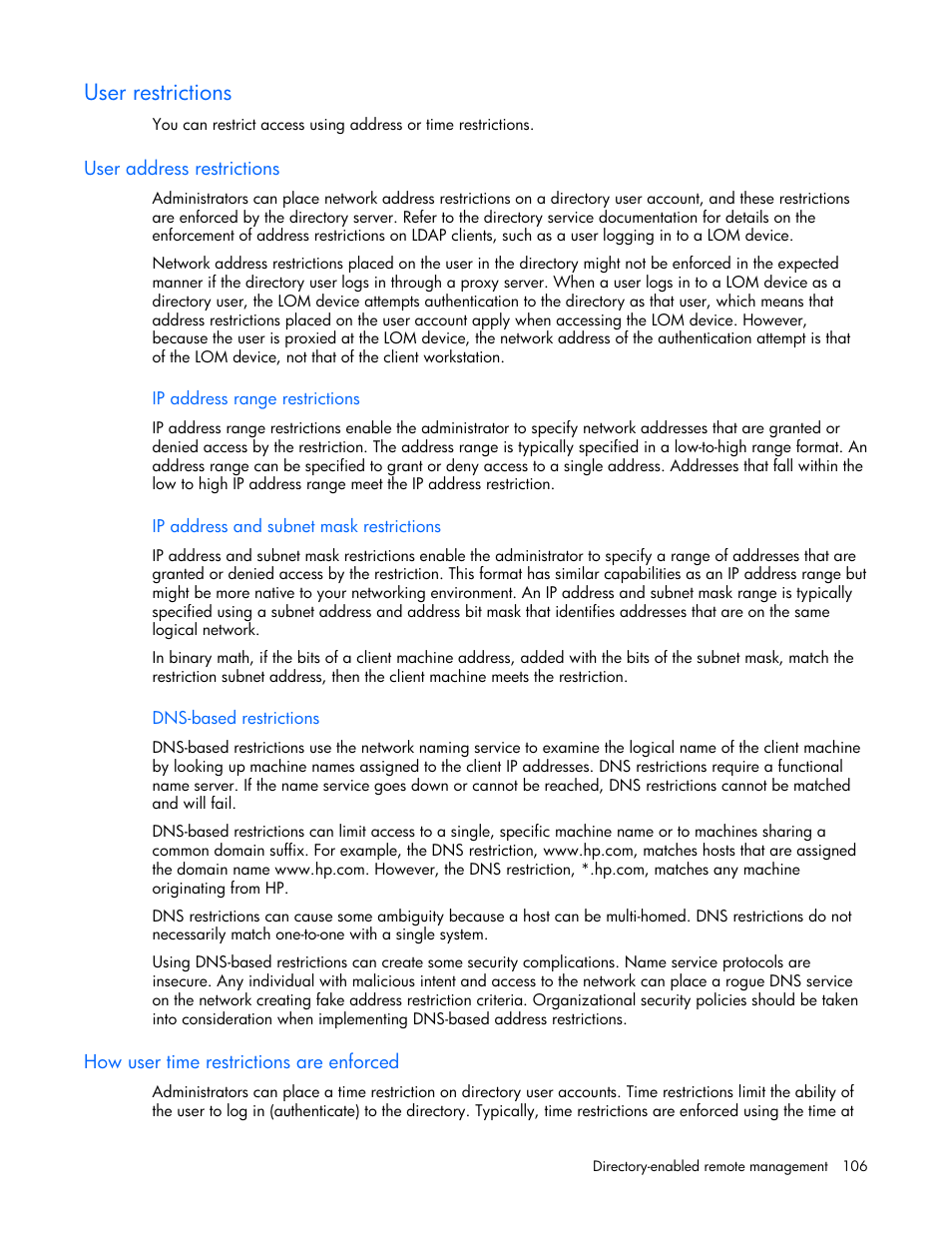 User restrictions, User address restrictions, How user time restrictions are enforced | HP Remote Insight Lights-Out Edition II Board User Manual | Page 106 / 205