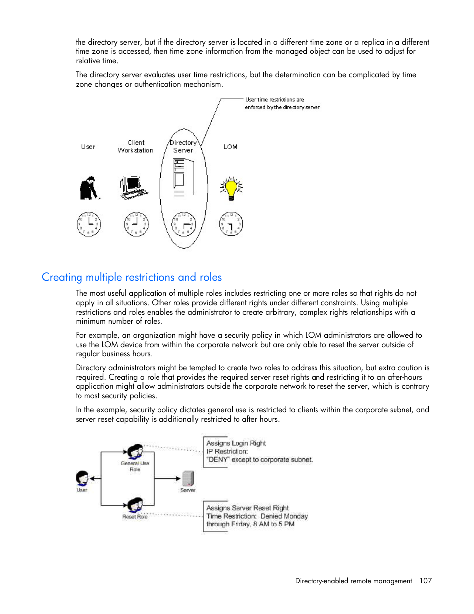 Creating multiple restrictions and roles | HP Remote Insight Lights-Out Edition II Board User Manual | Page 107 / 205