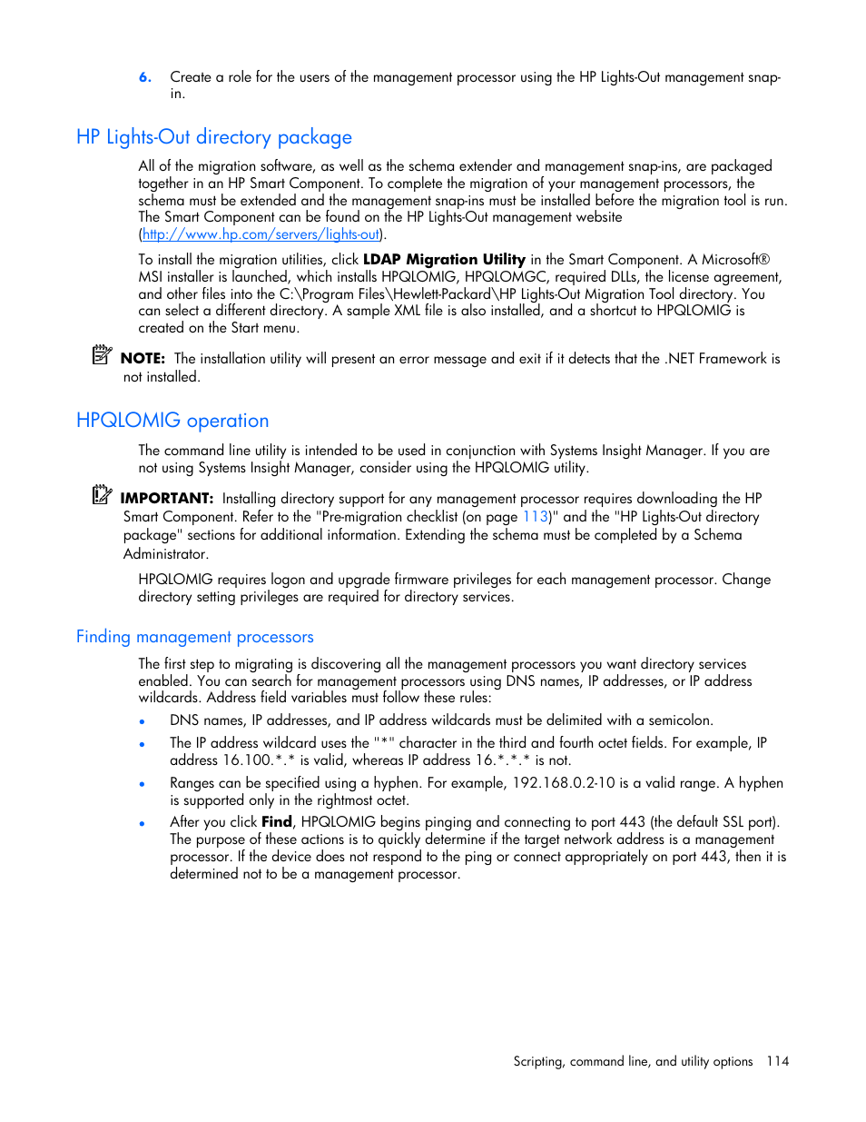 Hp lights-out directory package, Hpqlomig operation, Finding management processors | HP Remote Insight Lights-Out Edition II Board User Manual | Page 114 / 205