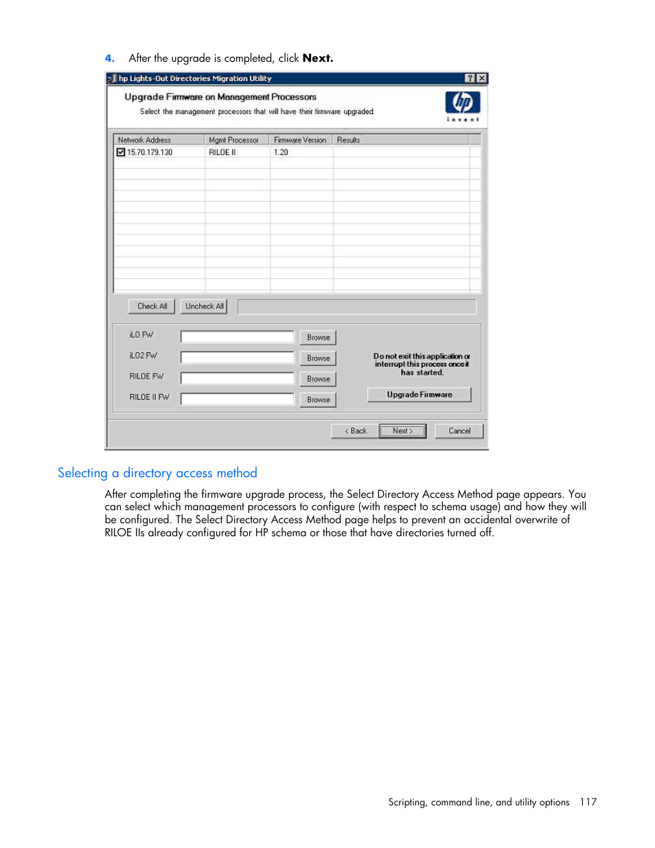 Selecting a directory access method | HP Remote Insight Lights-Out Edition II Board User Manual | Page 117 / 205