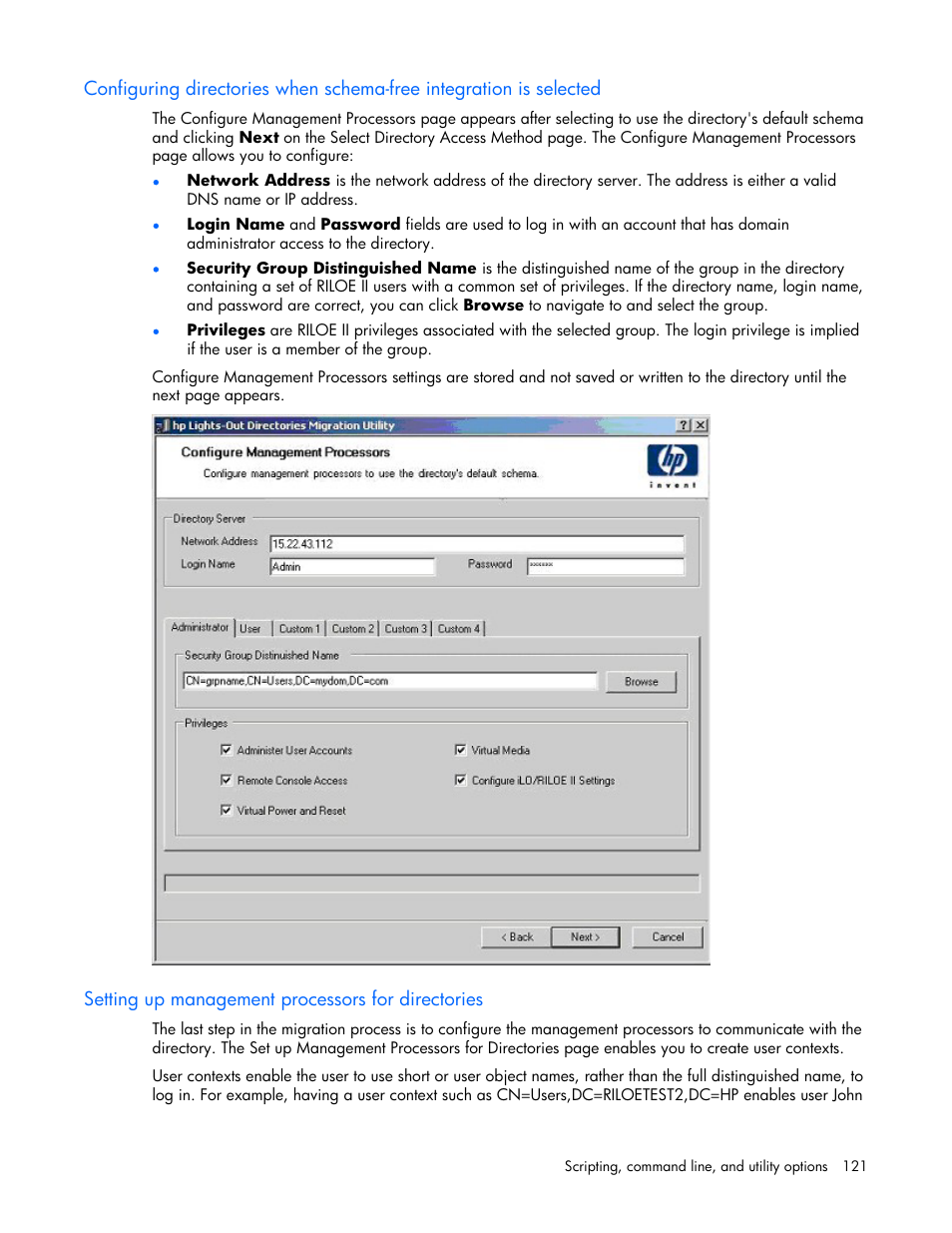 Setting up management processors for directories | HP Remote Insight Lights-Out Edition II Board User Manual | Page 121 / 205