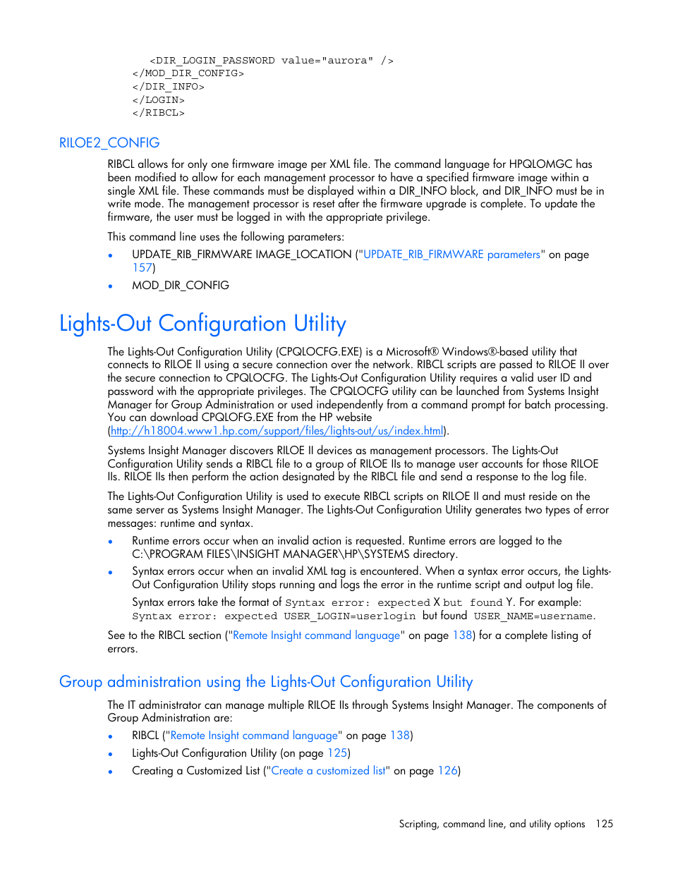 Riloe2_config, Lights-out configuration utility, Ripting | Group, And the "remot | HP Remote Insight Lights-Out Edition II Board User Manual | Page 125 / 205
