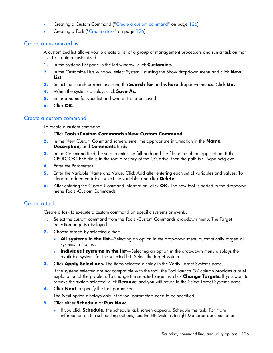 Create a customized list, Create a custom command, Create a task | HP Remote Insight Lights-Out Edition II Board User Manual | Page 126 / 205