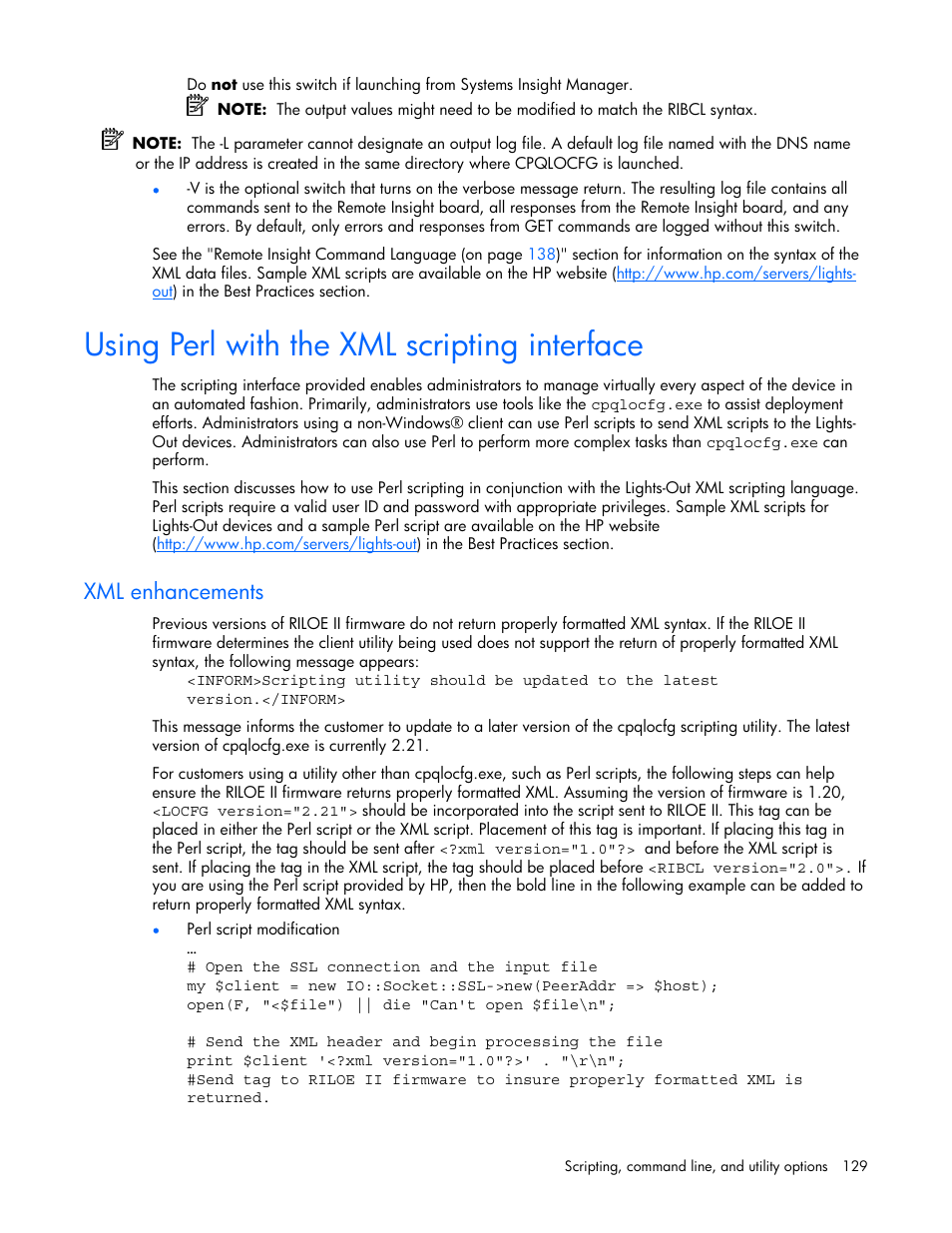 Using perl with the xml scripting interface, Xml enhancements | HP Remote Insight Lights-Out Edition II Board User Manual | Page 129 / 205
