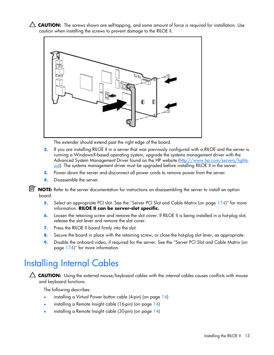 Installing internal cables | HP Remote Insight Lights-Out Edition II Board User Manual | Page 13 / 205