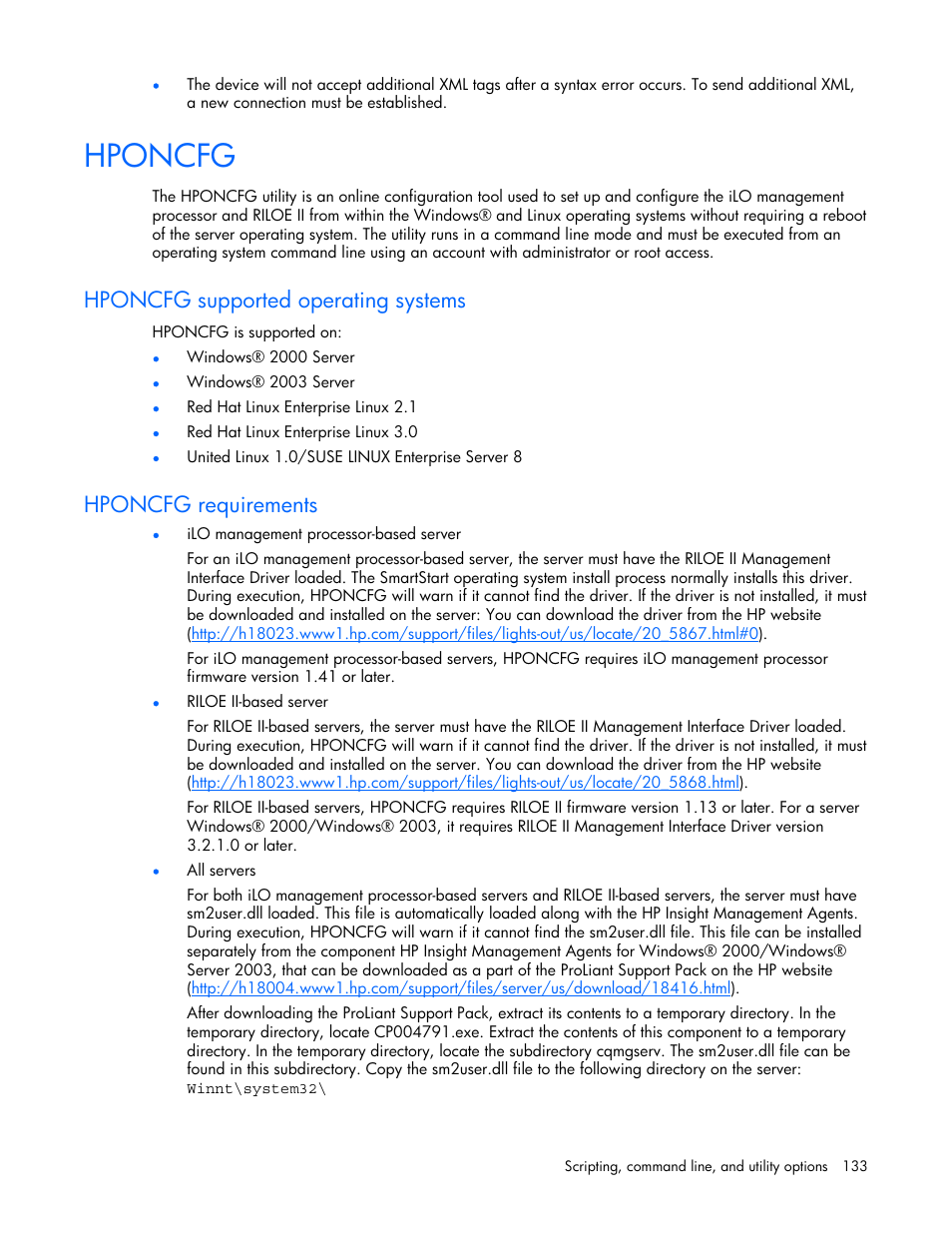 Hponcfg, Hponcfg supported operating systems, Hponcfg requirements | HP Remote Insight Lights-Out Edition II Board User Manual | Page 133 / 205