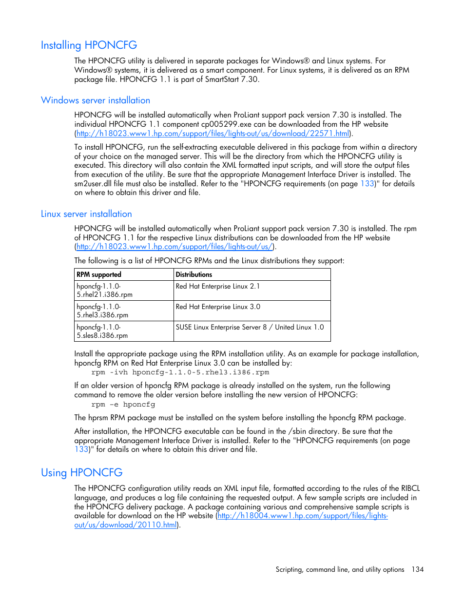 Installing hponcfg, Windows server installation, Linux server installation | Using hponcfg | HP Remote Insight Lights-Out Edition II Board User Manual | Page 134 / 205