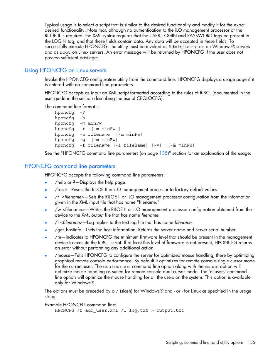 Using hponcfg on linux servers, Hponcfg command line parameters | HP Remote Insight Lights-Out Edition II Board User Manual | Page 135 / 205