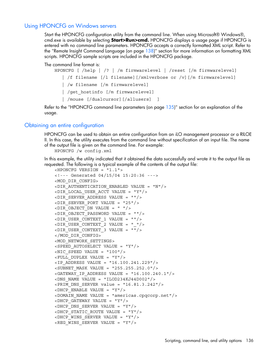 Using hponcfg on windows servers, Obtaining an entire configuration | HP Remote Insight Lights-Out Edition II Board User Manual | Page 136 / 205