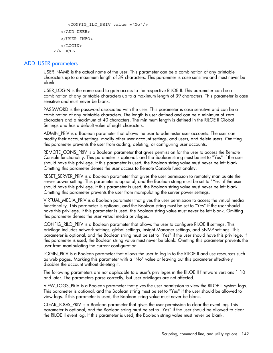 Add_user parameters | HP Remote Insight Lights-Out Edition II Board User Manual | Page 142 / 205
