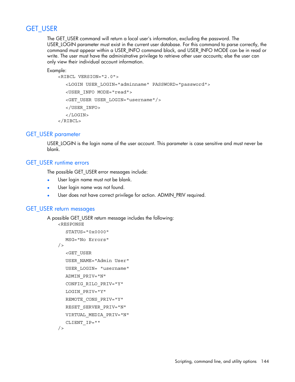 Get_user, Get_user parameter, Get_user runtime errors | Get_user return messages | HP Remote Insight Lights-Out Edition II Board User Manual | Page 144 / 205