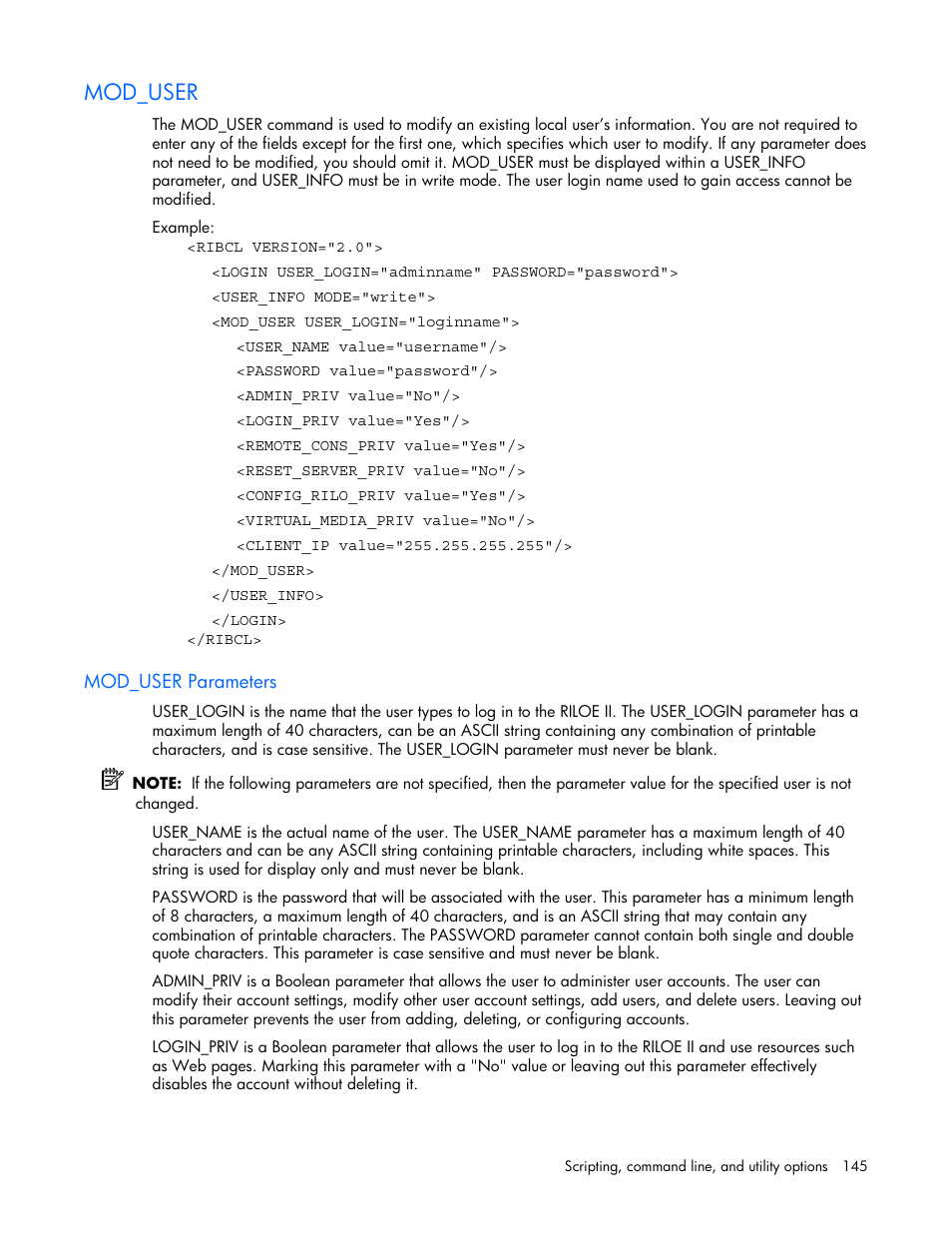Mod_user, Mod_user parameters | HP Remote Insight Lights-Out Edition II Board User Manual | Page 145 / 205