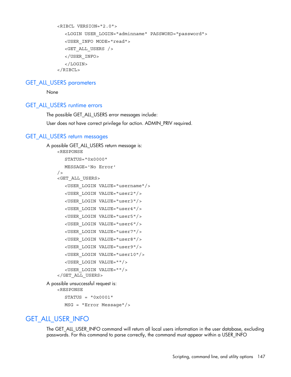 Get_all_users parameters, Get_all_users runtime errors, Get_all_users return messages | Get_all_user_info | HP Remote Insight Lights-Out Edition II Board User Manual | Page 147 / 205