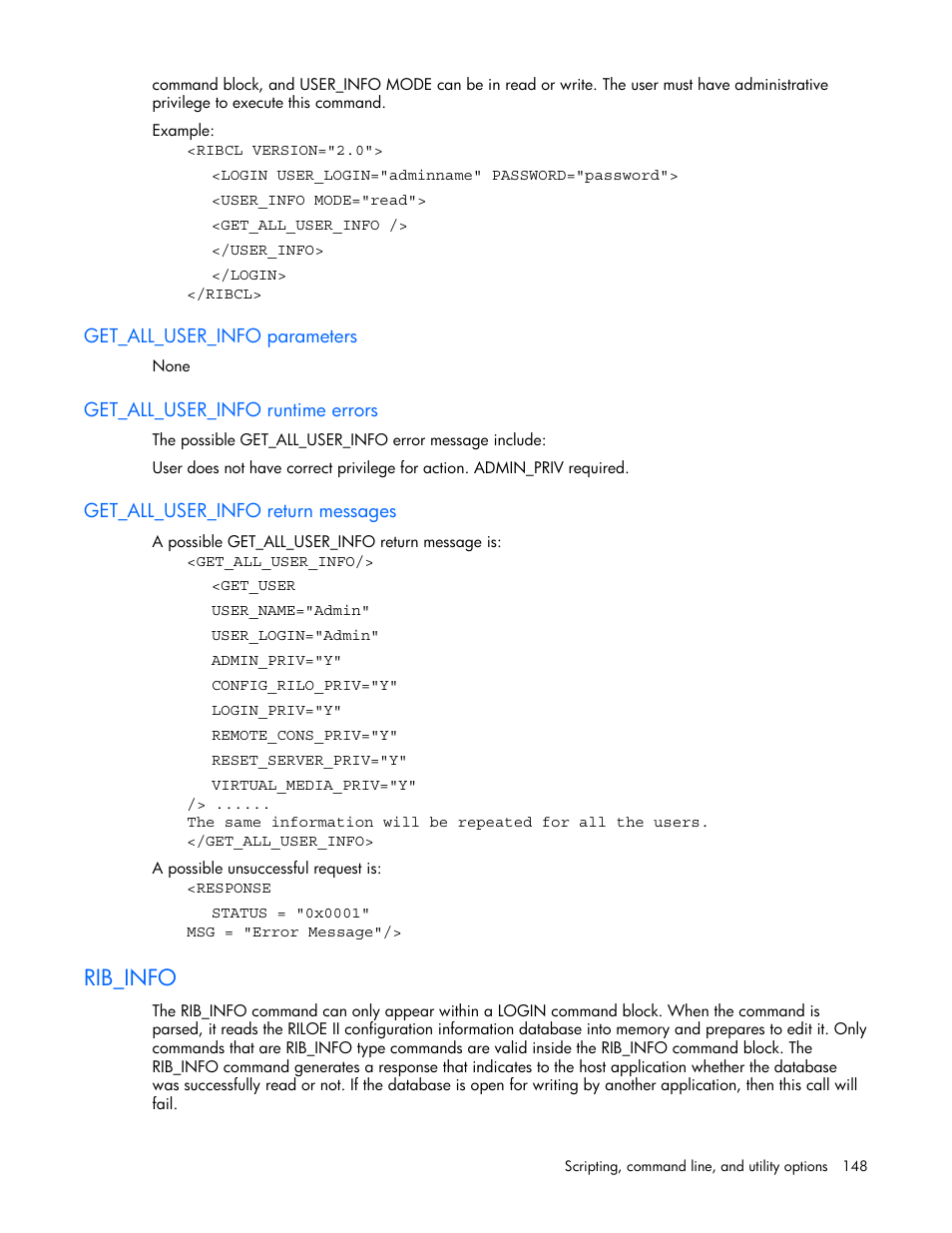 Get_all_user_info parameters, Get_all_user_info runtime errors, Get_all_user_info return messages | Rib_info | HP Remote Insight Lights-Out Edition II Board User Manual | Page 148 / 205