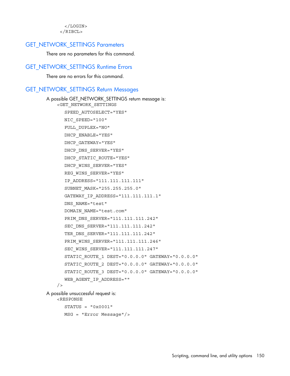 Get_network_settings parameters, Get_network_settings runtime errors, Get_network_settings return messages | HP Remote Insight Lights-Out Edition II Board User Manual | Page 150 / 205