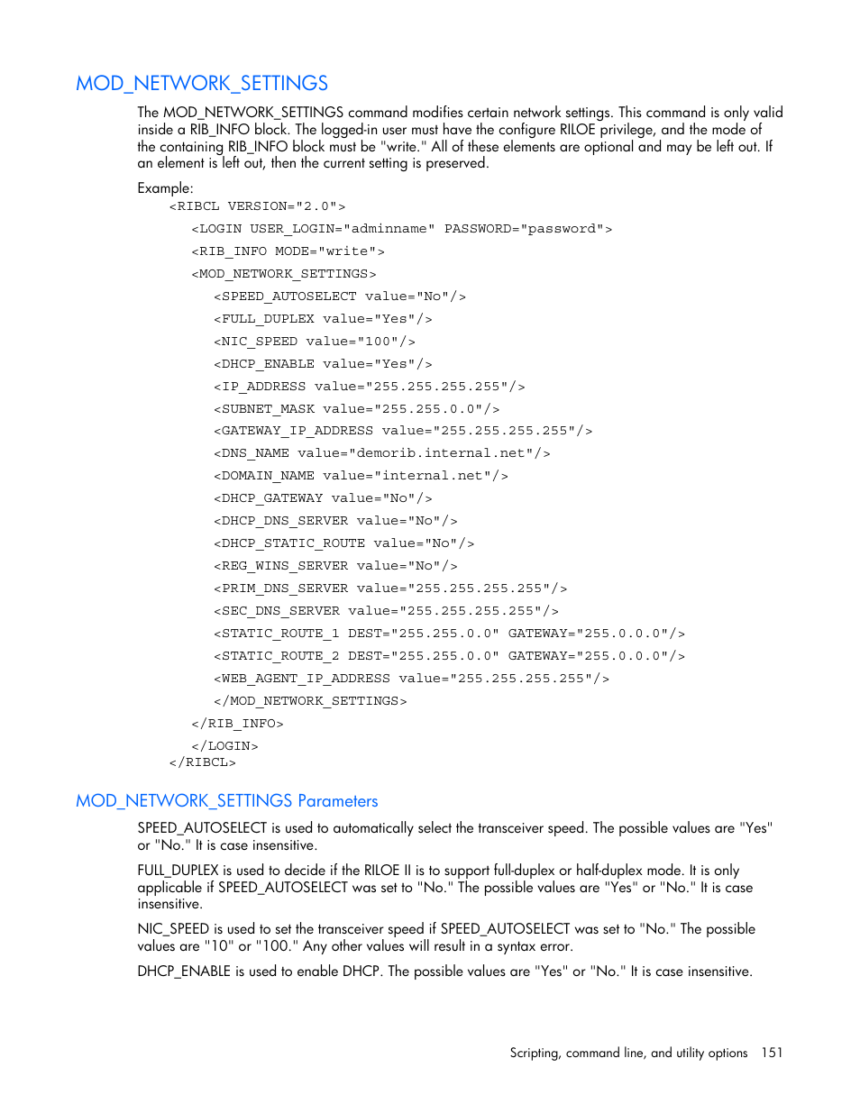 Mod_network_settings, Mod_network_settings parameters | HP Remote Insight Lights-Out Edition II Board User Manual | Page 151 / 205