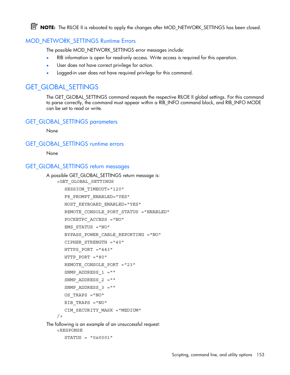 Mod_network_settings runtime errors, Get_global_settings, Get_global_settings parameters | Get_global_settings runtime errors, Get_global_settings return messages | HP Remote Insight Lights-Out Edition II Board User Manual | Page 153 / 205