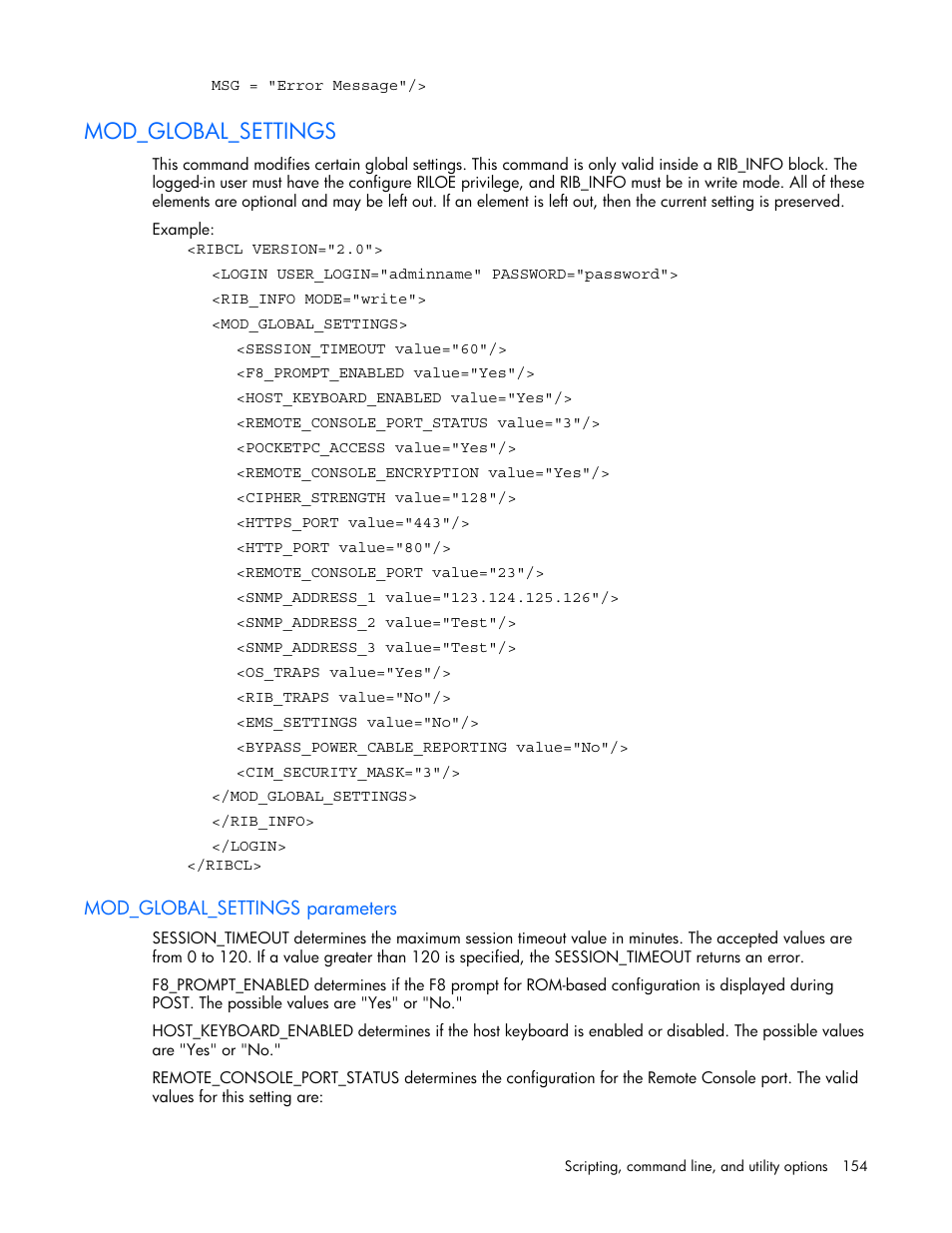 Mod_global_settings, Mod_global_settings parameters | HP Remote Insight Lights-Out Edition II Board User Manual | Page 154 / 205