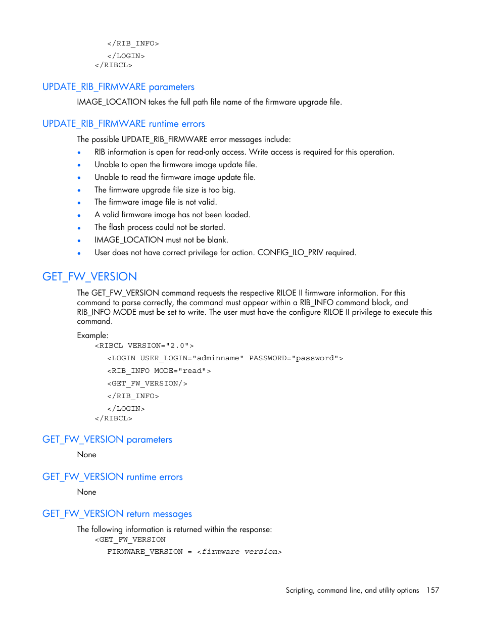 Update_rib_firmware parameters, Update_rib_firmware runtime errors, Get_fw_version | Get_fw_version parameters, Get_fw_version runtime errors, Get_fw_version return messages, Cation | HP Remote Insight Lights-Out Edition II Board User Manual | Page 157 / 205
