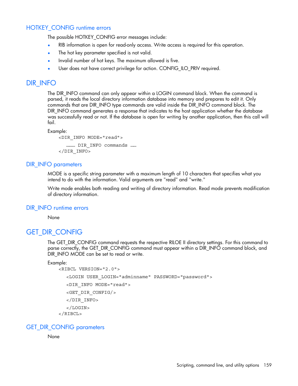 Hotkey_config runtime errors, Dir_info, Dir_info parameters | Dir_info runtime errors, Get_dir_config, Get_dir_config parameters | HP Remote Insight Lights-Out Edition II Board User Manual | Page 159 / 205